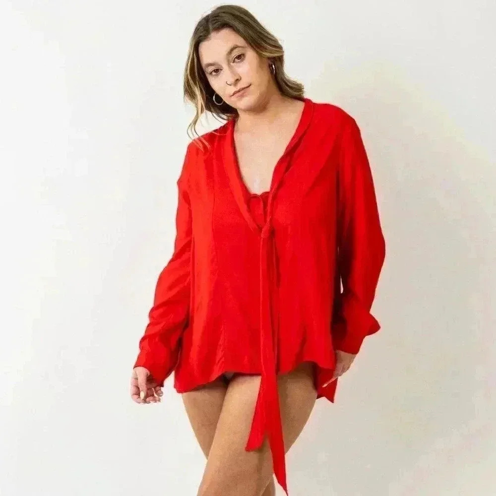 Maeve by Anthropologie Tie Front Red Long Sleeve Blouse - Picture 9 of 11